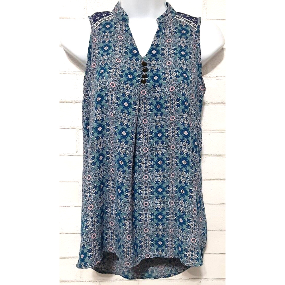 Rewind Women's Tunic Blouse Size XS Blue Pink Floral Printed Sleeveless V-Neck - Picture 1 of 5